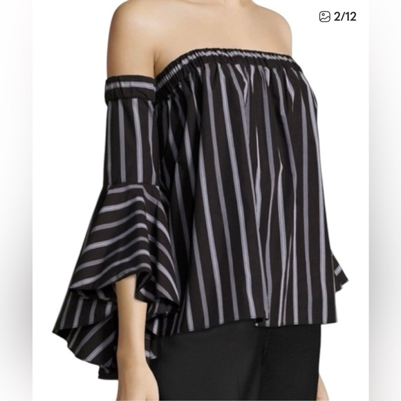 $325 Milly Ines Black and White Stipe Off-the-Shoulder Bell Sleeve Blouse - Picture 2 of 7